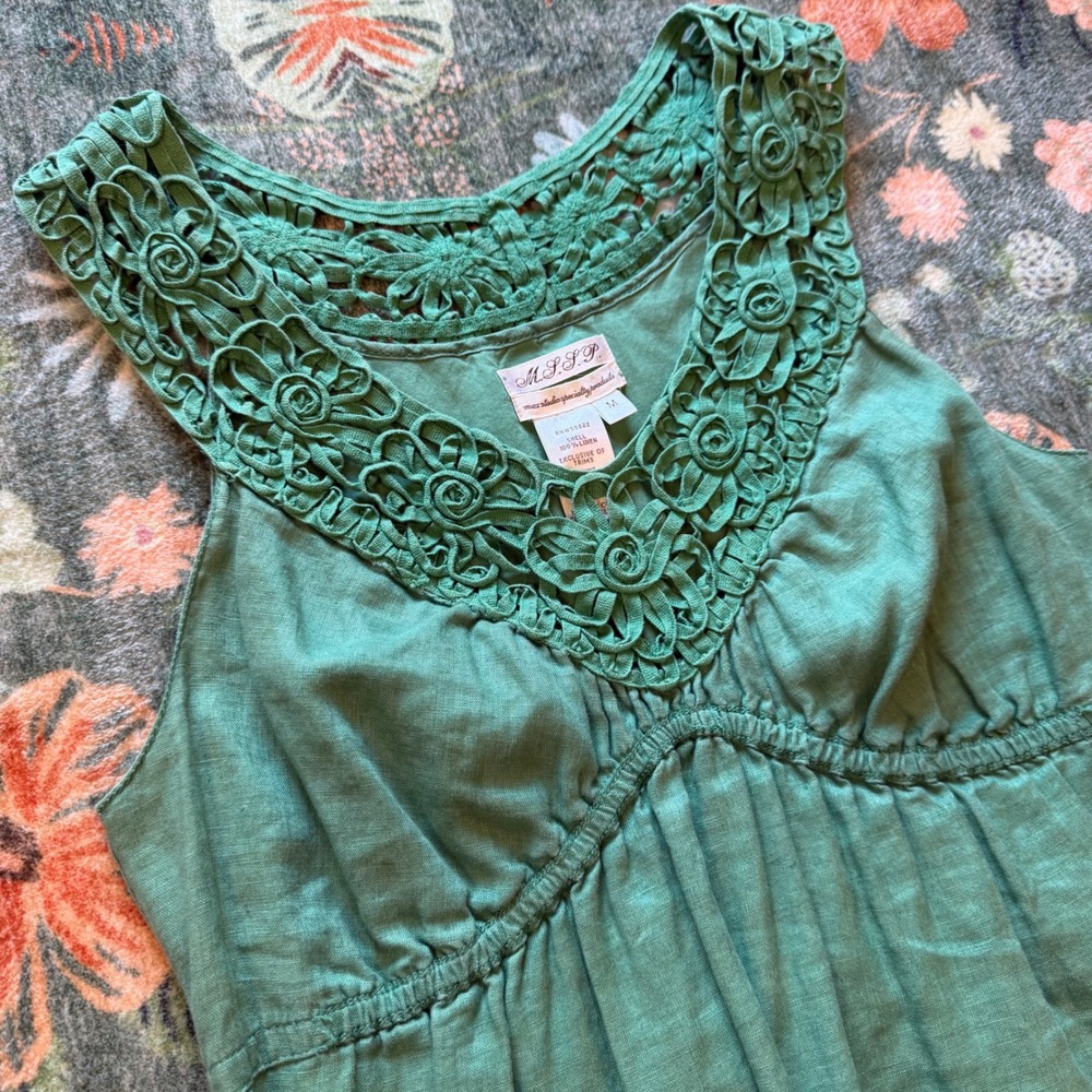MSSP Max Studio Green 100% Linen Crochet Lace Neckline Empire Waist Dress Medium